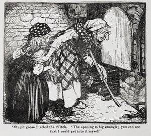 Małgosia i stara wiedźma przy piecu z filmu Jaś i Małgosia. autorstwa Arthur Rackham