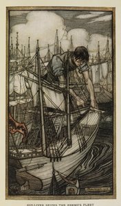 Guliwer przechwytuje flotę wroga, ilustracja z Podróży Guliwera autorstwa Jonathana Swifta, autorstwa Arthura Rackhama autorstwa Arthur Rackham