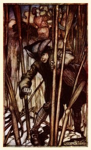Guliwer jest porażony strachem na pierwszy widok żniwiarzy z Brobdingnagii z części II: Podróż do Brobdingnagii w Podróżach Guliwera Jonathana Swifta. autorstwa Arthur Rackham