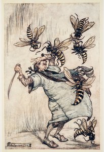 Walka Guliwera z Osami, z Podróży Guliwera Jonathona Swifta (1667-1745), wyd. 1909 (kolor lito) autorstwa Arthur Rackham