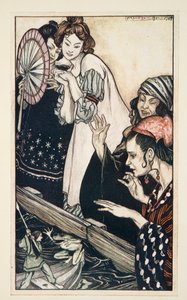 Spotkanie Guliwera z żabą, z Podróży Guliwera Jonathona Swifta (1667-1745), wyd. 1909 (kolor lito) autorstwa Arthur Rackham