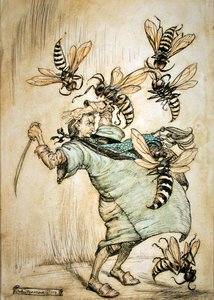 Walka Guliwera z osami autorstwa Arthur Rackham