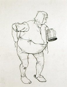 „Medytował nad potężnym szkicem: jedna ręka grzebała w swoich metkach, podczas gdy druga wyciągnęła się w akcie chwytania Jorum”, ilustracja z The Ingoldsby Legends lub Mirth and Marvels”, opublikowanej 1898 (pióro i atrament na papierze) autorstwa Arthur Rackham