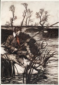 Cały dzień siedział na mokrej skale i łowił ryby, z pubu Rip Van Winkle by Washington Irving. 1910 autorstwa Arthur Rackham