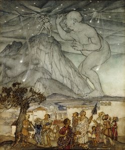 Hercules wspierający niebo zamiast Atlasa, 1922 autorstwa Arthur Rackham