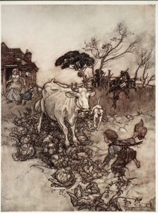 Jego krowa zbłądziła lub dostała się między kapustę, z pubu Rip Van Winkle przy Washington Irving. 1910 autorstwa Arthur Rackham