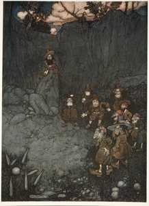 Jego ojciec widział ich w starych holenderskich sukienkach, grających na szpilkach, z pubu Rip Van Winkle przy Washington Irving. 1910 autorstwa Arthur Rackham