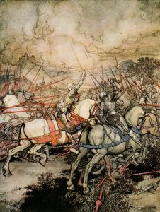 Jak Artur wyciągnął swój miecz, Excalibur, po raz pierwszy, ilustracja z „Romansu króla Artura i jego rycerzy Okrągłego Stołu” autorstwa Alfreda W. Pollarda, 1910 autorstwa Arthur Rackham