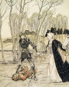 Jak Beaumains pokonał Czerwonego Rycerza i zawsze damosel wypowiadała mu wiele ohydnych słów (pióro i atrament i toaleta) autorstwa Arthur Rackham