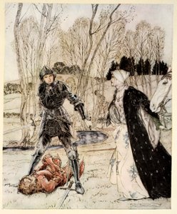 Jak Beaumains pokonał Czerwonego Rycerza i zawsze dama mówiła do niego wiele brzydkich słów, ilustracja z „Rosyju króla Artura i jego rycerzy Okrągłego Stołu” Alfreda W. Pollarda, 1910 autorstwa Arthur Rackham