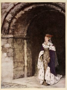 Jak Dame Lionesse pojawiła się ubrana jak księżniczka, ilustracja z „Rosomania o królu Arturze i jego rycerzach Okrągłego Stołu” autorstwa Alfreda W. Pollarda, 1910 autorstwa Arthur Rackham