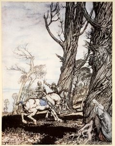 Jak Sir Launcelot zabił rycerza Sir Peris de Forest Savage, który niepokoił damy, damosels i gentlewomwen, ilustracja z 