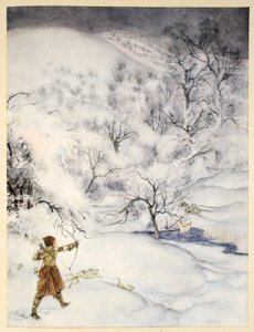 Jak sir Launcelot został zastrzelony przez polującą dżentelmenkę, ilustracja z „Rosomania króla Artura i jego rycerzy Okrągłego Stołu” Alfreda W. Pollarda, 1910 autorstwa Arthur Rackham