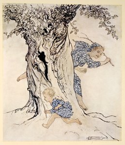 Jak wysilał się i dyszał, by złapać tę ścigającą osobę i ścigać ją, by sam zacząć działać, ilustracja z „Irish Fairy Tales” Jamesa Stephensa, 1920 autorstwa Arthur Rackham