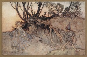 — Jakże teraz, duchu! Dokąd się włóczysz? Krążek i wróżka. Kadr z filmu „Sen nocy letniej”. autorstwa Arthur Rackham