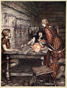 „Hunding odkrywa podobieństwo Siegmunda do Sieglunde”, 1910. autorstwa Arthur Rackham