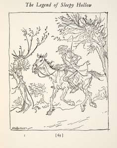 Ichabod Crane uciekający przed Bezgłowym Jeźdźcem, z The Legend of Sleepy Hollow autorstwa Washingtona Irvinga (1783 - 1859), wyd. 1928 autorstwa Arthur Rackham