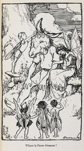 Ilustracja ze Snu nocy letniej z wróżkami i mężczyzną z głową osła. autorstwa Arthur Rackham