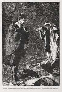 Ilustracja autorstwa Jorindy i Joringela przedstawiająca Zachiela i staruszkę. autorstwa Arthur Rackham