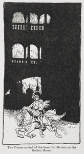 Ilustracja ze Złotego ptaka, kiedy książę porywa dziewczynę na koniu. autorstwa Arthur Rackham
