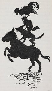 Ilustracja muzyków z Bremy przedstawiająca osła, psa, kota i koguta. autorstwa Arthur Rackham