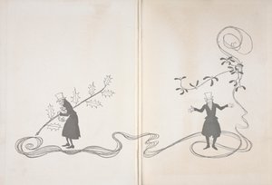 Ilustração de Scrooge. De um lado, ele é representado por um ramo de azevinho, segurando um saco de dinheiro e parecendo zangado. Por outro, ele é retratado com um ramo de visco parecendo feliz.polonês autorstwa Arthur Rackham