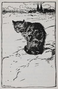 Ilustracja przedstawiająca kota z filmu The Bremen Town Musicians. autorstwa Arthur Rackham