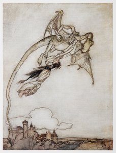 Ilustracja przedstawiająca smoka porywającego księżniczkę z filmu Czterej sprytni bracia. autorstwa Arthur Rackham