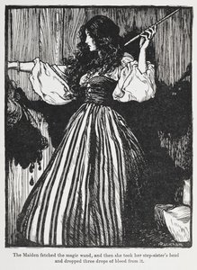 Ilustracja przedstawiająca dziewczynę w pasiastej sukience z filmu Sweetheart Roland. autorstwa Arthur Rackham