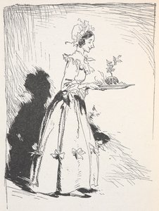 Ilustracja przedstawiająca kobietę niosącą świąteczny pudding autorstwa Arthur Rackham