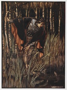 Ilustracja przedstawiająca młodzieńca nad stawem z filmu The White Snake. autorstwa Arthur Rackham