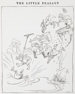 Ilustracja przedstawiająca mężczyzn skaczących z urwiska do stawu z filmu „Mali chłopi”. autorstwa Arthur Rackham