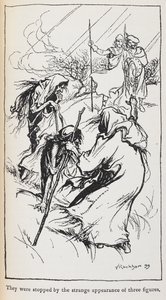 Ilustracja przedstawiająca trzy czarownice, Makbeta i Banka. autorstwa Arthur Rackham