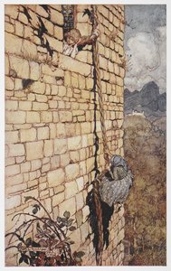 Ilustracja przedstawiająca wiedźmę wspinającą się po włosach Roszpunki. autorstwa Arthur Rackham