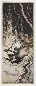 Ilustracja przedstawiająca dwie kaczki niosące klucz z filmu Królowa Pszczół. autorstwa Arthur Rackham