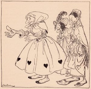 Weszły trzy kobiety ubrane w najdziwaczniejszy sposób. Ilustracja autorstwa Arthura Rackhama z baśni Grimm, Trzy wirujące kobiety. autorstwa Arthur Rackham