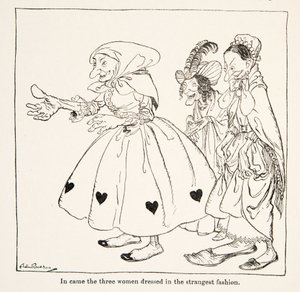 Weszły trzy kobiety ubrane w najdziwniejszy sposób, z Little Brother & Little Sister i Other Tales by the Brothers Grimm, pub.1917 (lito) autorstwa Arthur Rackham