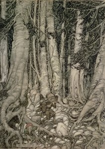 W lesie z beczką z Rip Van Winkle napisanej przez Washington Irving (1783-1859), 1905 autorstwa Arthur Rackham
