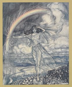 Iris tam, z wilgotnym dziobem”. autorstwa Arthur Rackham