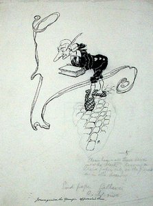 „Jorumgander Młodszy wyszedł ze sklepu i podszedł do nich z pudełkiem długopisów, które wystawił na sprzedaż”, ilustracja z „Zankiwanka i kleszczaka”, autorstwa S.J. Adair Fitzgerald, opublikowany 1896 (pióro i atrament na papierze) autorstwa Arthur Rackham