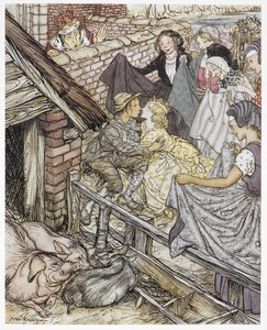 „Tak jak świniopas wziął osiemdziesiąty szósty pocałunek”, ilustracja do „Świniopas”, Hans Christian Andersen autorstwa Arthur Rackham