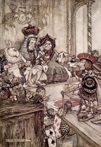 "Зүрхний хаан ба хатан хаан хоёрын өмнө зууралдах", Льюис Кэррол (1832-98) "Гайхамшигт оронд Алисагийн адал явдал"-ын зураглал, 1907поли. autorstwa Arthur Rackham