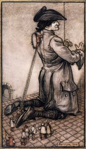 Liliputowi krawcy mierzący Guliwera, aby zrobić mu nowy garnitur, ilustracja autorstwa Arthura Rackhama (1867-1939) z Podróży Guliwera Jonathana Swifta (Dublin autorstwa Arthur Rackham