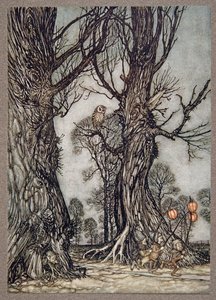 Linkmen biegnie z przodu niosąc zimowe czereśnie, z Peter Pan in Kensington Gardens przez J M Barrie (1860 - 1937), pub. 1906 autorstwa Arthur Rackham
