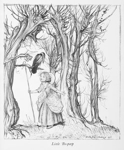 Mały Bo-peep w lesie z ptakiem. autorstwa Arthur Rackham