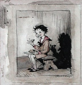 Little Jack Horner, ilustracja z „Mother Goose, The Old Nursery Rhymes”, opublikowana w 1913 r. (pióro i atrament oraz akwarela na papierze) autorstwa Arthur Rackham