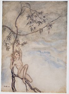 Wesoło, wesoło będę żył teraz pod kwiatem wiszącym na konarze, ilustracja z wyd. William Shakespeares Burza. 1926 autorstwa Arthur Rackham