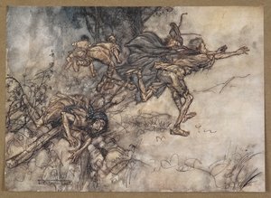 „O potworne! O dziwo! Jesteśmy nawiedzeni. Módlcie się, mistrzowie! Lećcie, mistrzowie! Pomoc! Kadr z filmu „Sen nocy letniej”. autorstwa Arthur Rackham