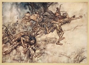 O potworny! O dziwny! jesteśmy nawiedzone. Módlcie się, mistrzowie! latać, mistrzowie! Pomocy!, ilustracja ze „Snu nocy letniej” Williama Szekspira, 1908 autorstwa Arthur Rackham