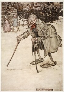 Stary człowiek z dwoma kijami, z pubu Rip Van Winkle autorstwa Washingtona Irvinga. 1910 autorstwa Arthur Rackham